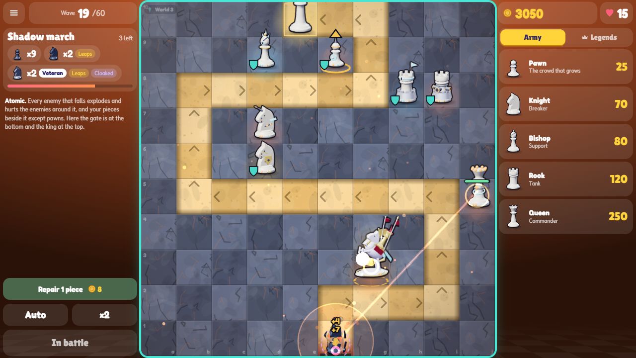 A battle in the Variant Lands: white pieces fire along their chess lines at the black army on the road